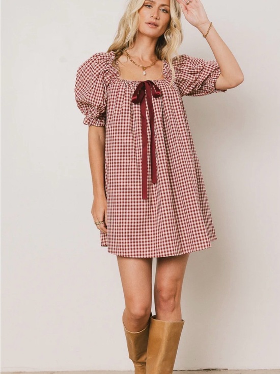 Amazon Dresses & Skirts - Amazon Red Gingham Puff-Sleeve Mini Dress with Burgundy Bow